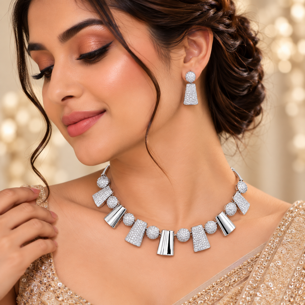 Modern Square Rhodium Necklace Set