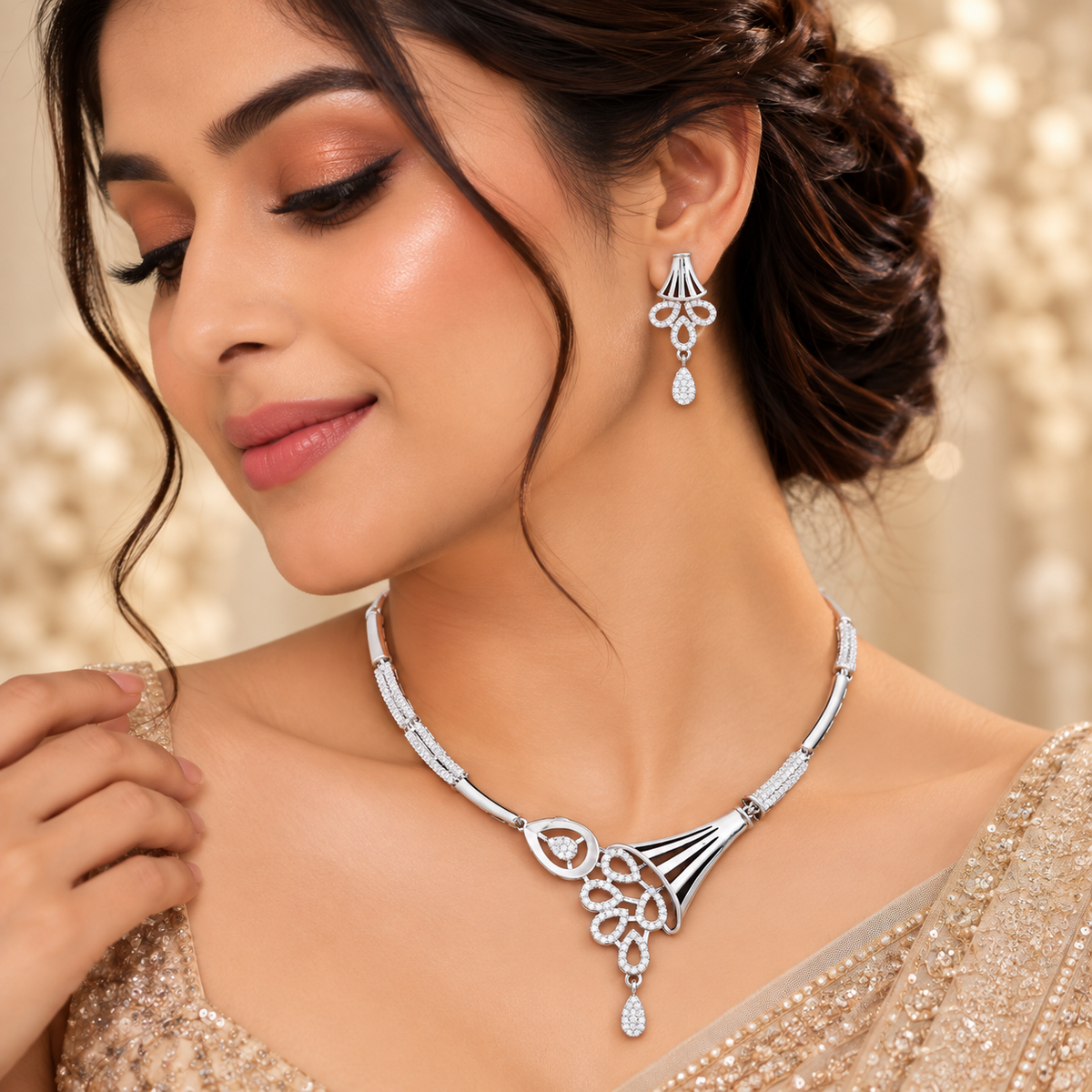 Rhodium Floral Statement Necklace Set