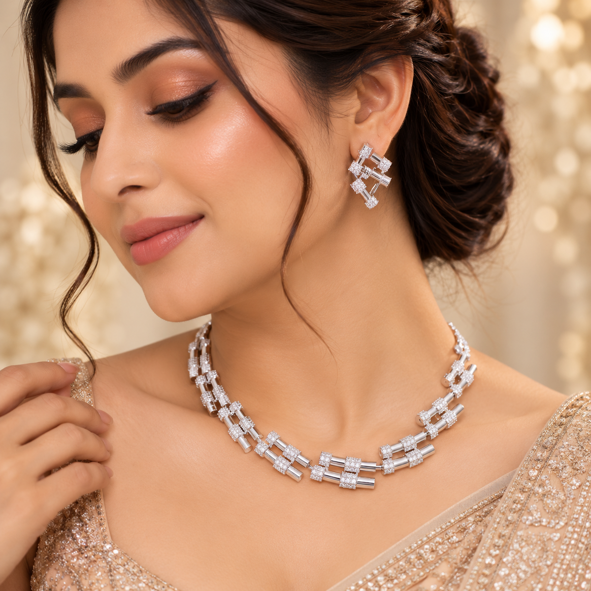 Rhodium Round Drop Necklace Set