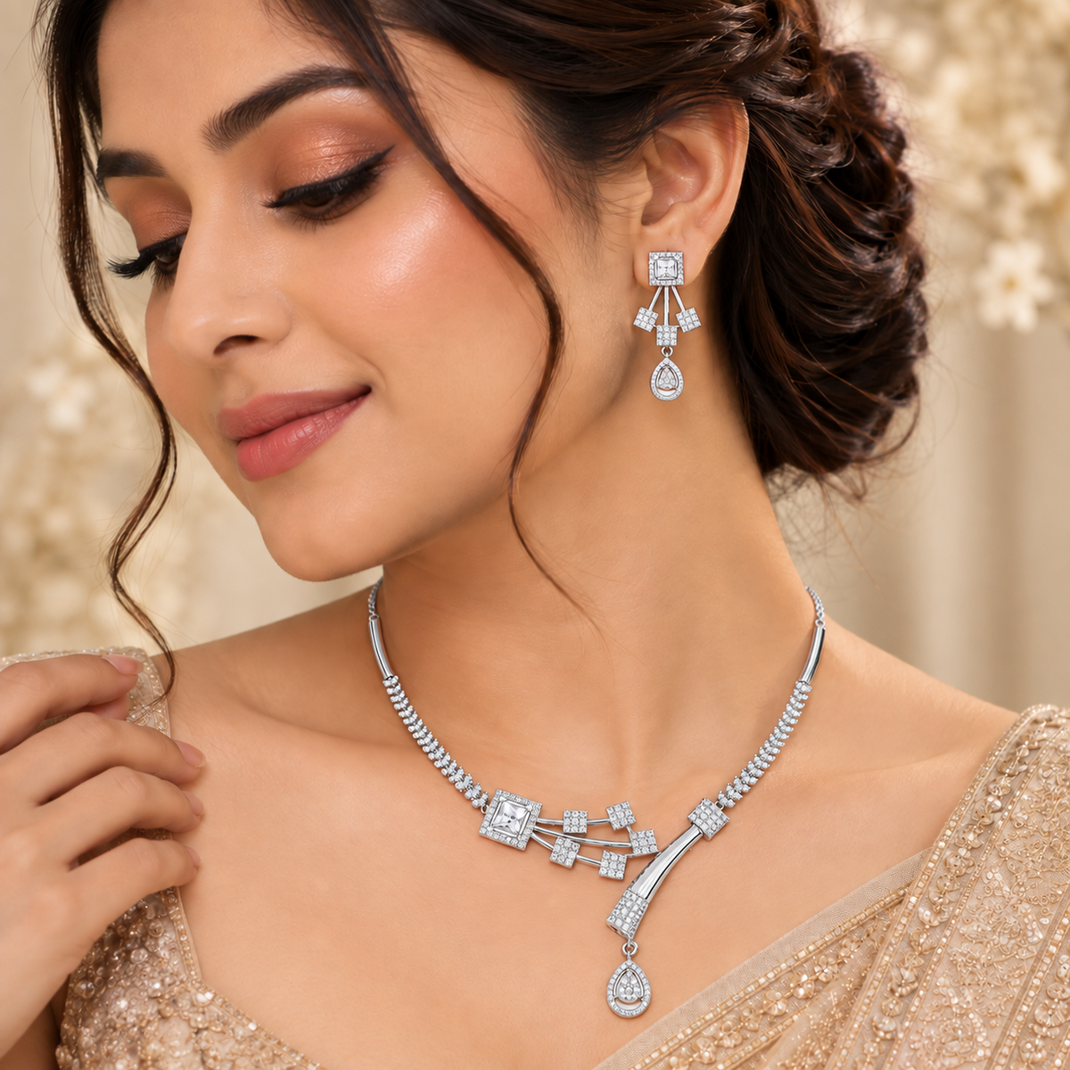 Rhodium Square Pendant Necklace Set