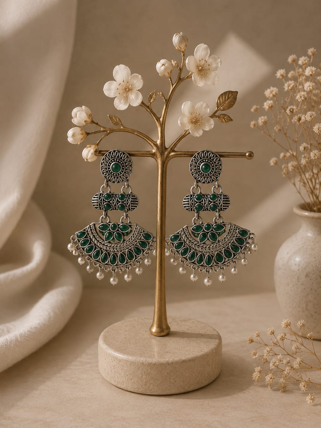 Green Stone Oxidized Chandbali Earrings - AuraSilve