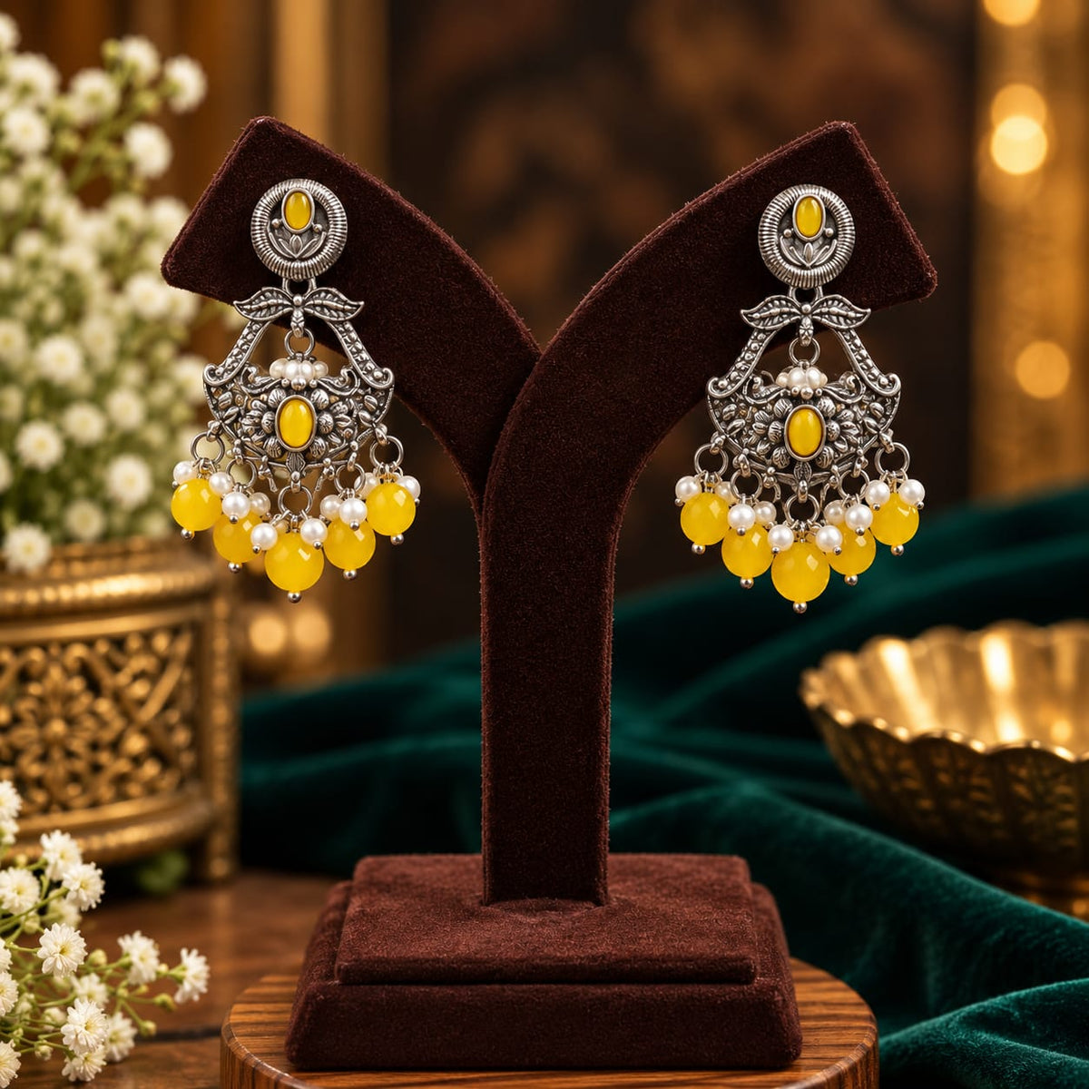 Yellow Stone Oxidized Statement Earrings - AuraSilve