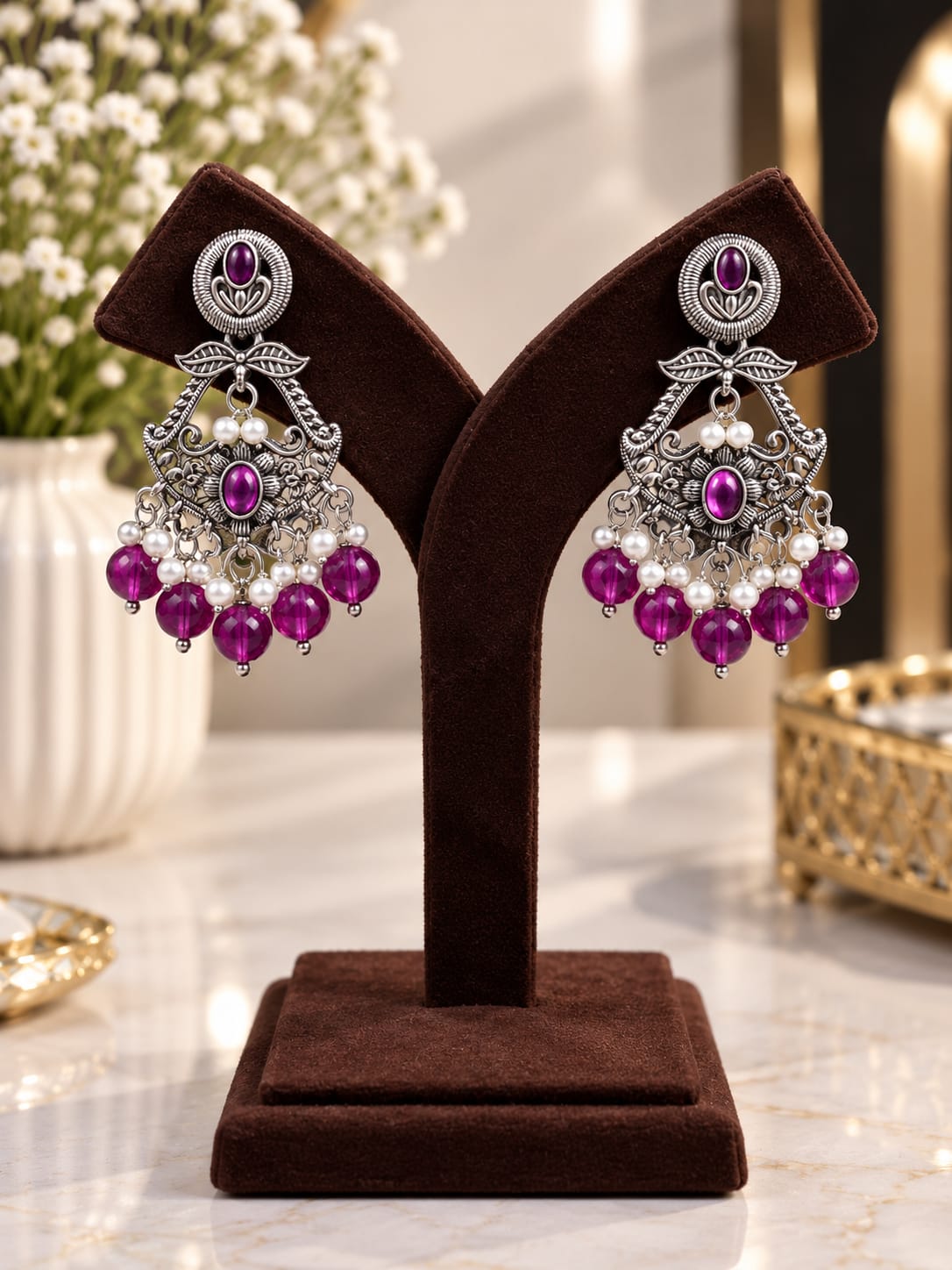 Purple Stone Oxidized Statement Earrings - AuraSilve