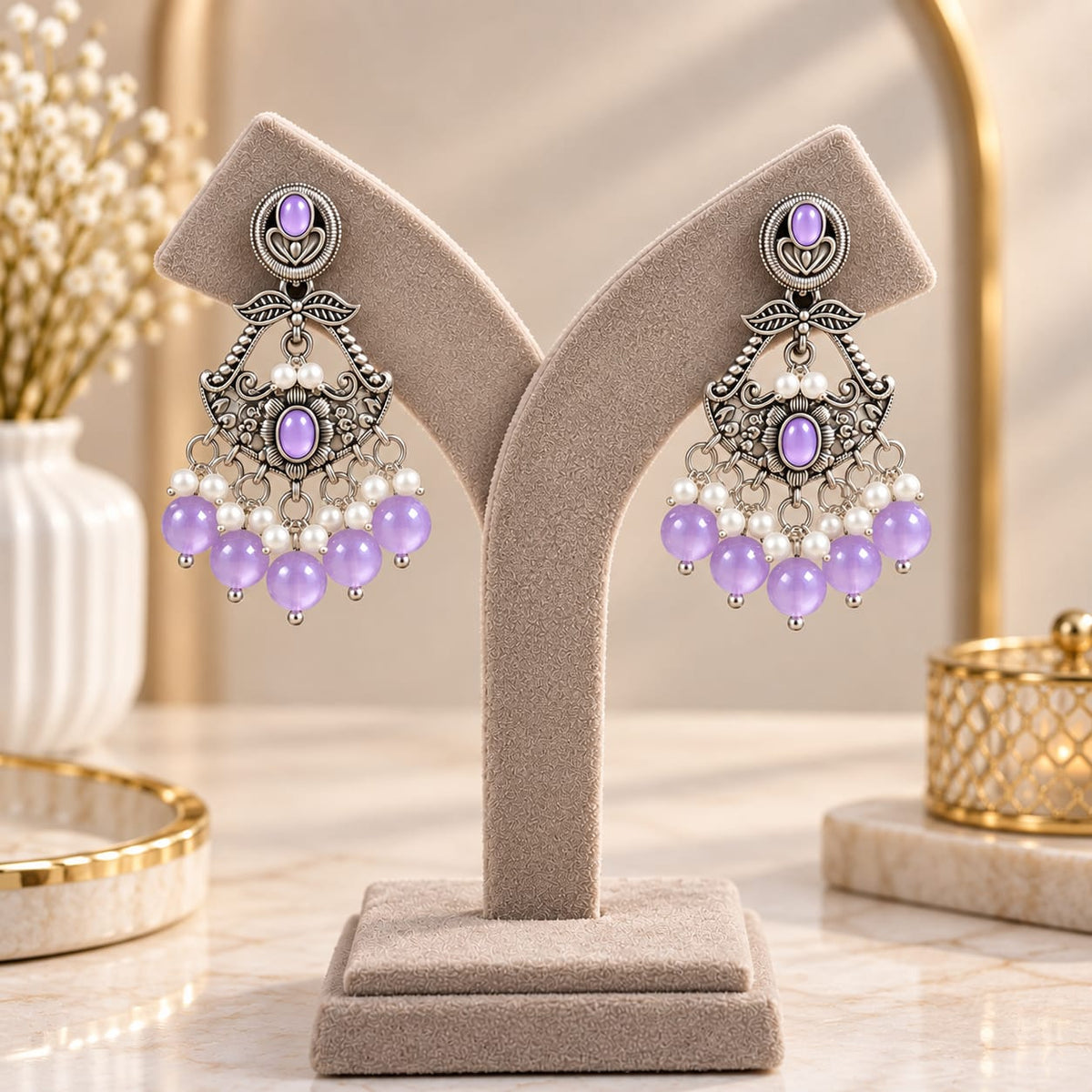 Lavender Stone Oxidized Earrings - AuraSilve