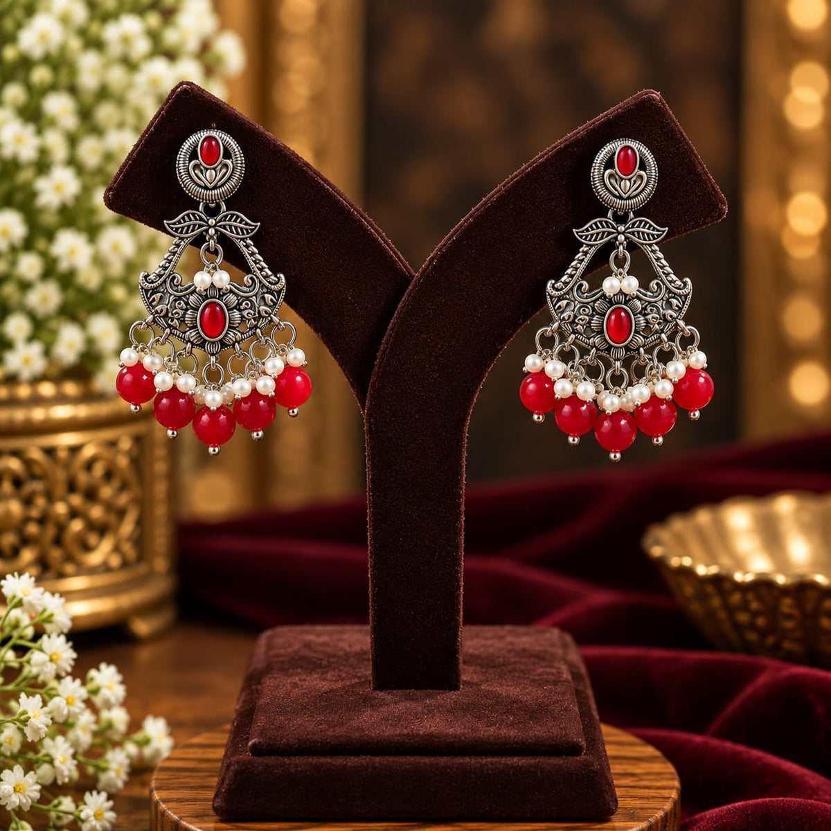 Ruby Red Stone Oxidized Earrings - AuraSilve
