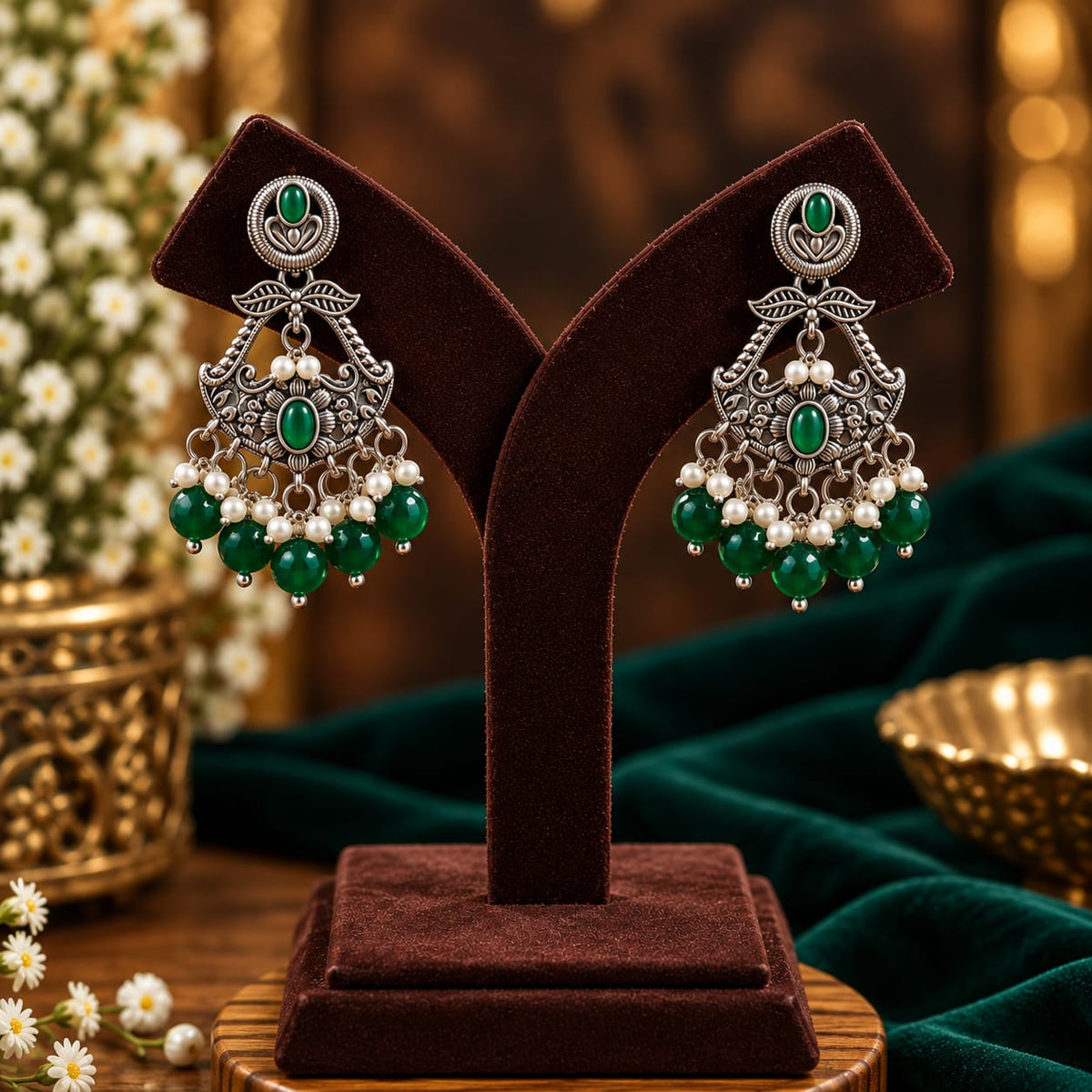 Emerald Green Oxidized Chandbali Earrings - AuraSilve