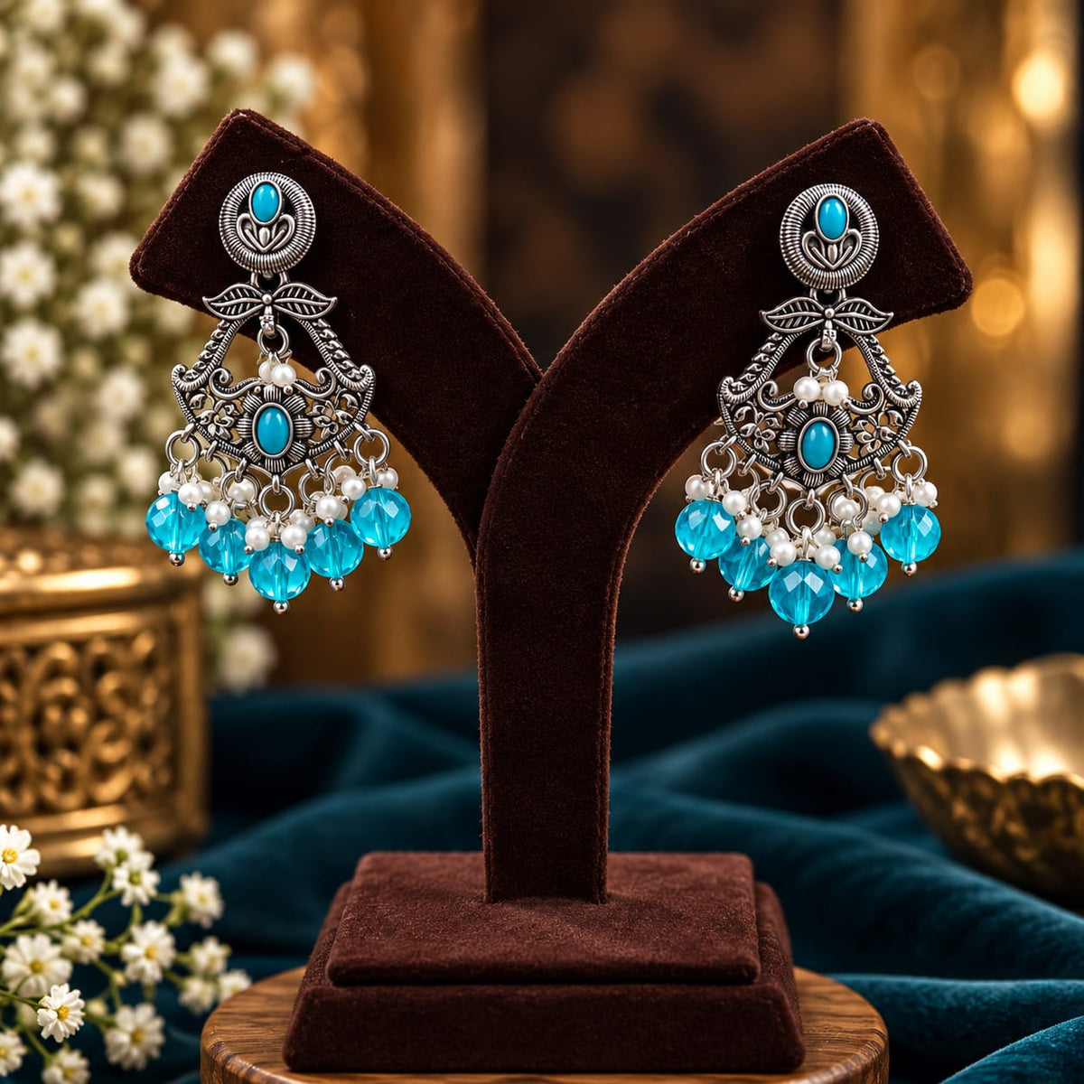 Blue Stone Oxidized Statement Earrings - AuraSilve