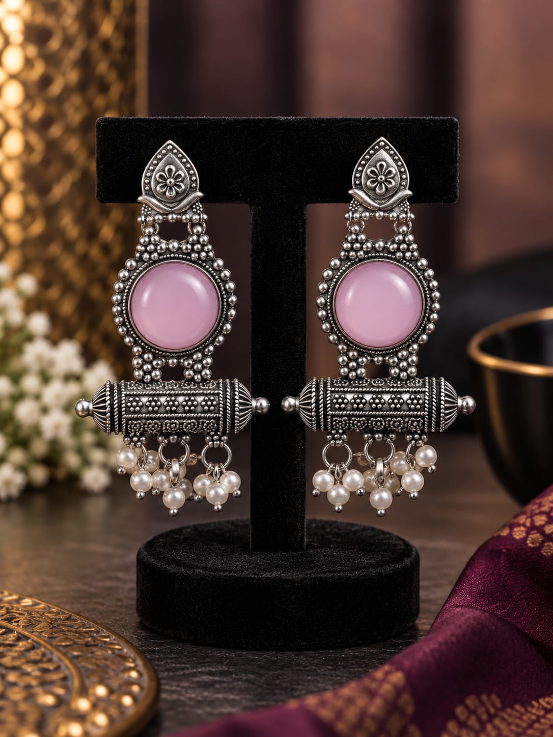 Pink Stone Antique Statement Earrings - AuraSilve