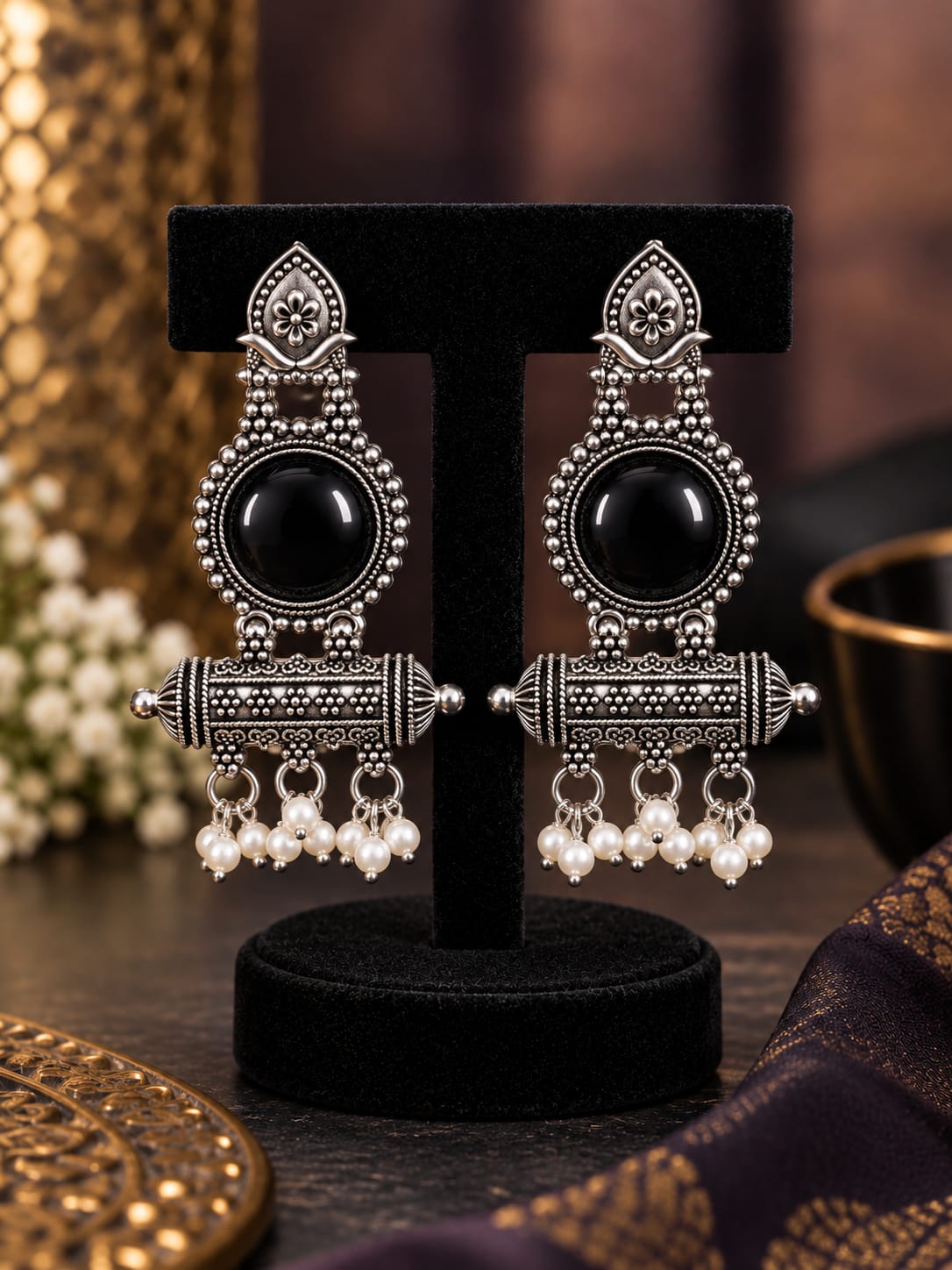 Black Stone Antique Statement Earrings - AuraSilve