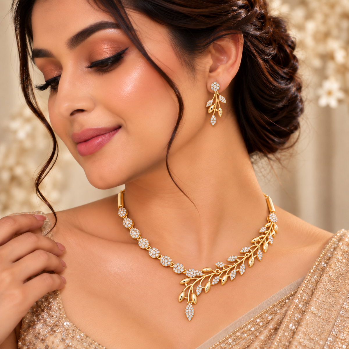 AuraSilve gold leaf vine necklace set with matching earrings