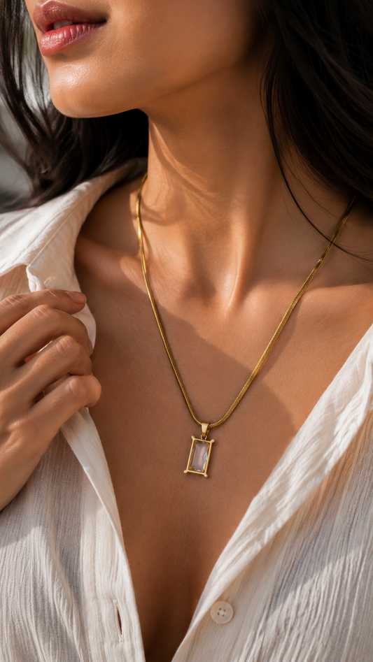 Green Stone Gold-Tone Pendant Necklace
