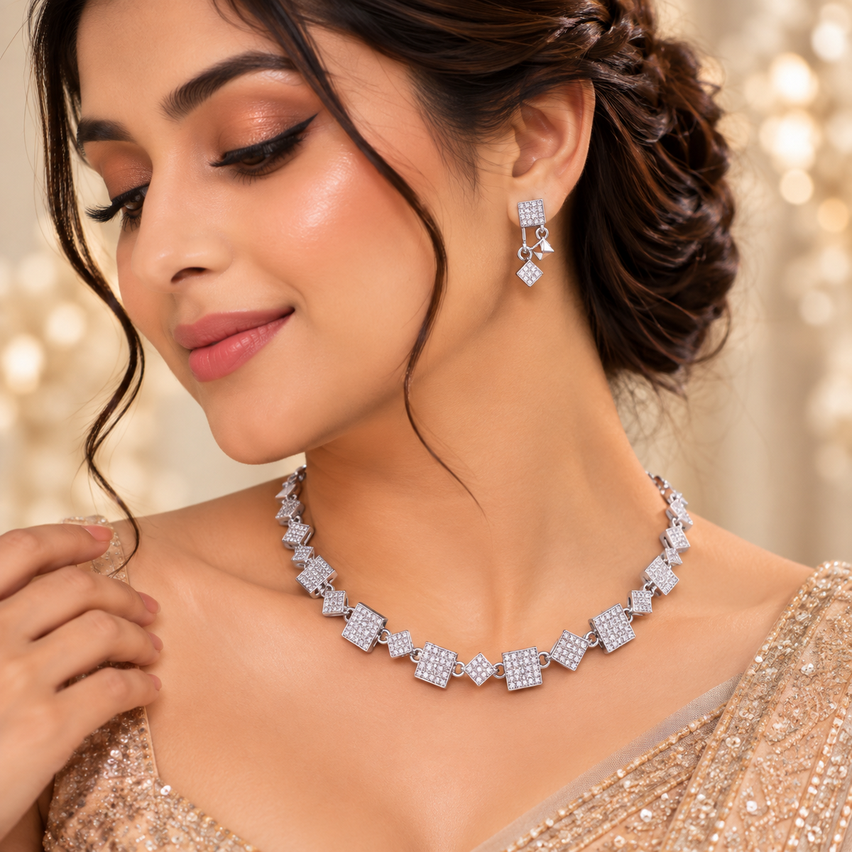Geometric Rhodium Statement Necklace Set