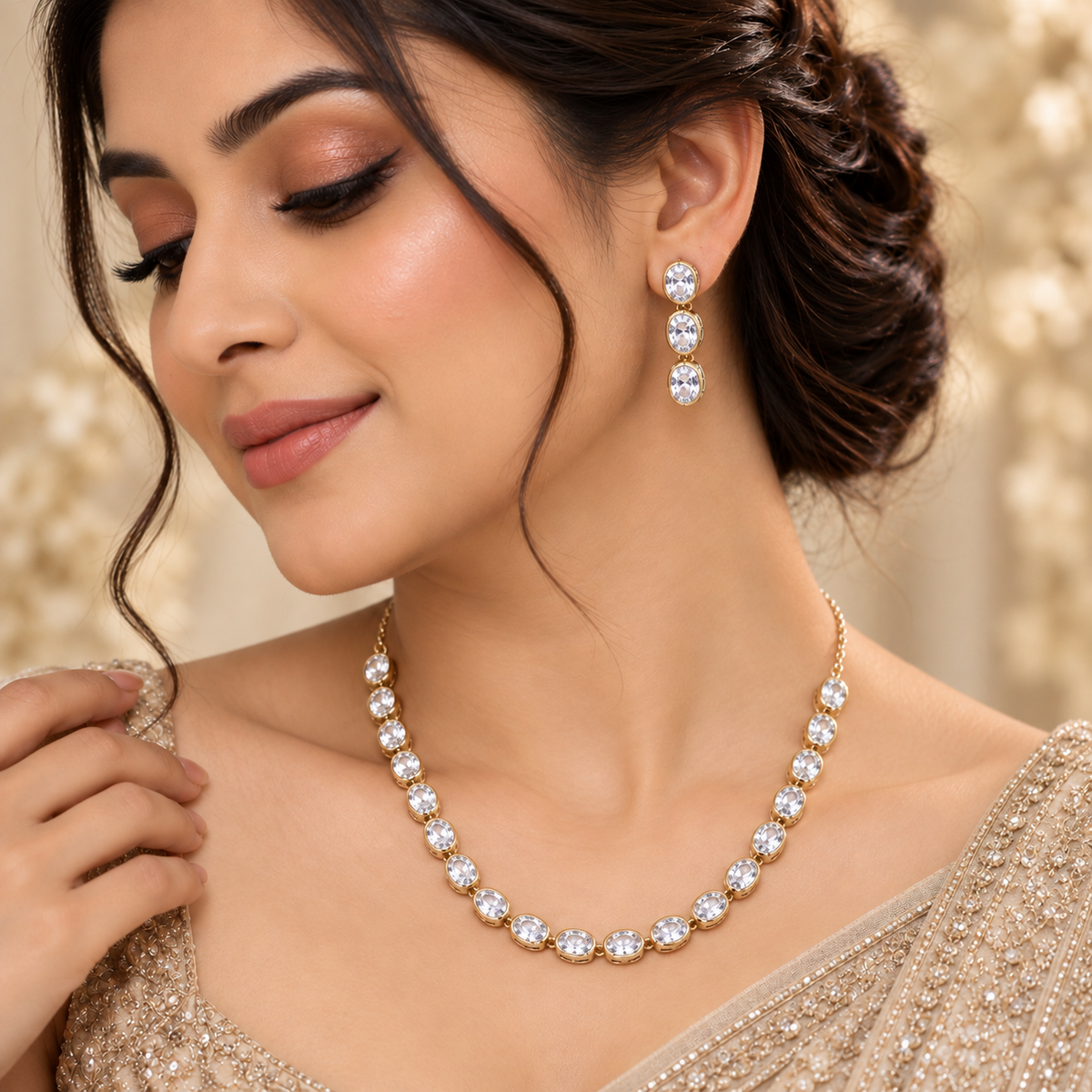 Rhodium Oval Stone Necklace Set